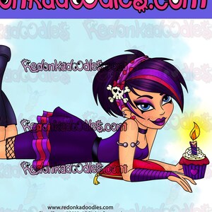 May include: A digital illustration of a purple-haired girl wearing a black dress and boots, lying on her stomach with a cupcake and a lit candle. The text "YOURS WILL BE UNCOLOURED" and "This coloured stamp is a SAMPLE Only" is at the bottom of the image.