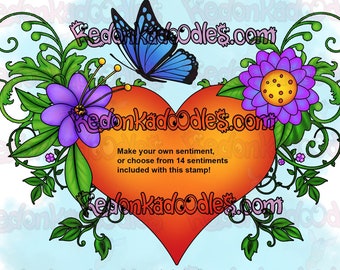 Digital Stamp - Floral Hearts Sentiments Package, Uncoloured Digital Image for Handmade Cards