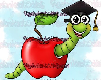 SALE Digital Stamp - Wormy Apple, Uncoloured Graduation Image for Handmade Greeting Cards, Teacher, Worm, Digi Stamp, Digistamp