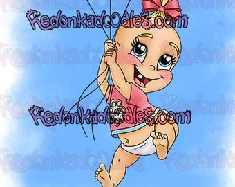 Digital Stamp - Baby Balloon Girl, Uncoloured Image for Handmade Greeting Cards