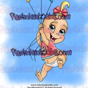 Carimbo Digital - Baby Balloon Girl, Imagem Sem Cor para Cartões Feitos à Mão