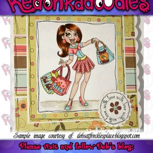 Puede incluir: Una ilustraci&oacute;n de dibujos animados de una mujer con cabello casta&ntilde;o y una falda rosa que sostiene bolsas de compras con las palabras "DIVA" y "Shopping Galore" en ellas. El fondo es un papel estampado de colores con un borde festoneado.