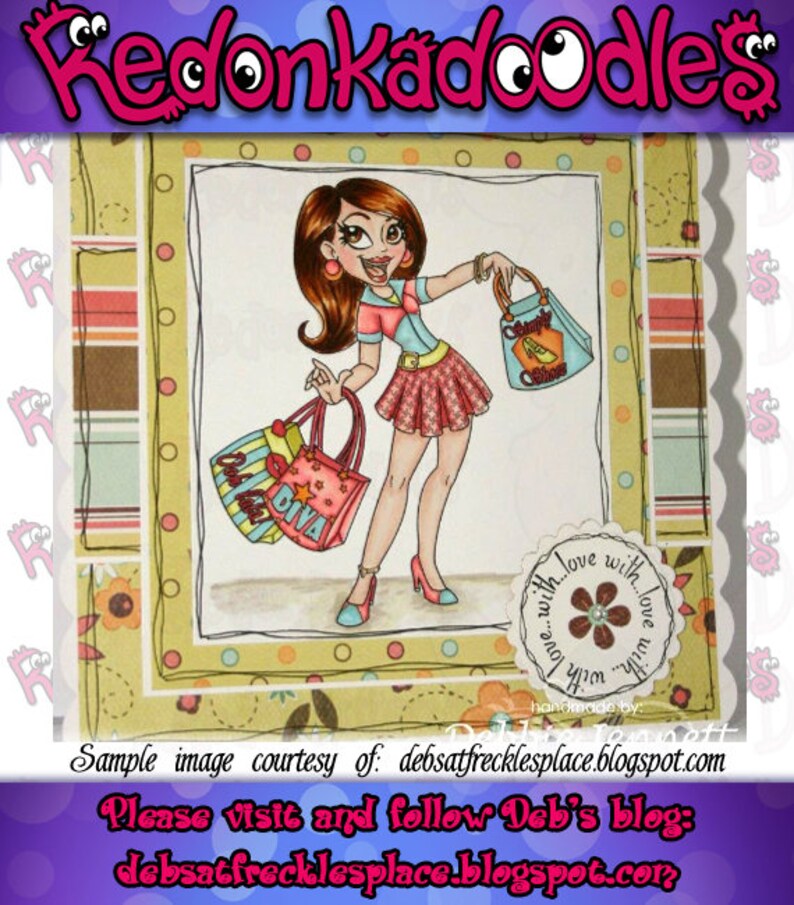 Puede incluir: Una ilustraci&oacute;n de dibujos animados de una mujer con cabello casta&ntilde;o y una falda rosa que sostiene bolsas de compras con las palabras "DIVA" y "Shopping Galore" en ellas. El fondo es un papel estampado de colores con un borde festoneado.