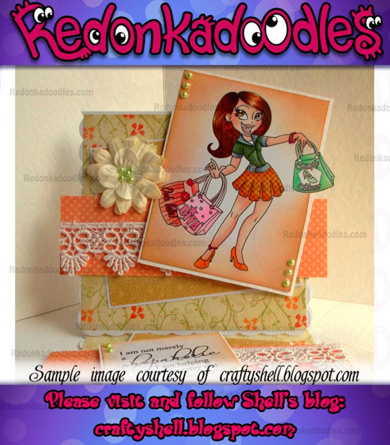 Puede incluir: Una tarjeta colorida con una ilustraci&oacute;n de dibujos animados de una mujer que lleva bolsas de compras. La tarjeta tiene un dise&ntilde;o en capas con encaje, papel estampado y un adorno floral. El texto de la tarjeta dice "No soy solo una adicta a las compras, estoy ayudando".