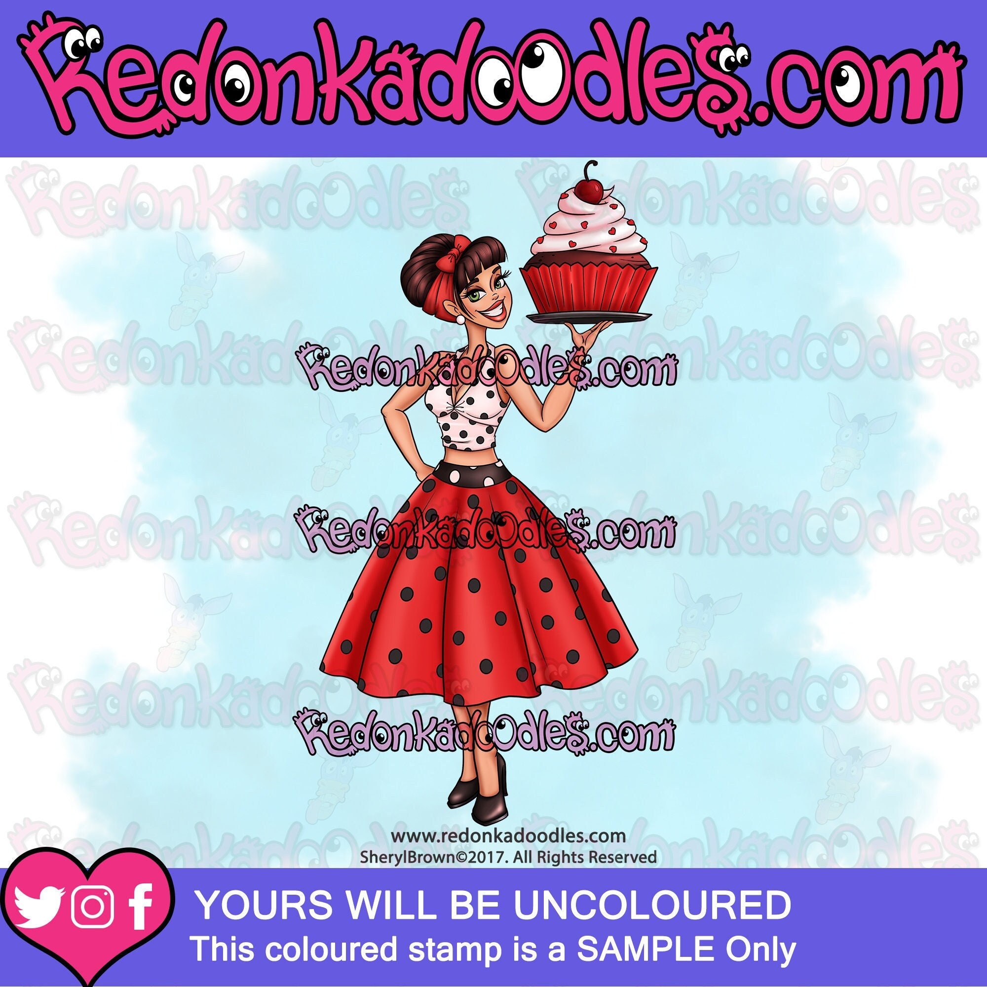 Digital Stamp - 1950's Cupcake Girl, UNCOLOURED Digital Image for Handmade Greeting Cards
