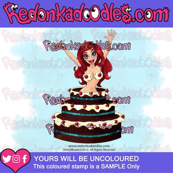 Digital Stamps - Birthday Cake Surprise Girl - Uncoloured Digital Image for Handmade Greeting Cards