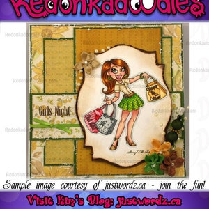 Puede incluir: Una ilustraci&oacute;n digital de una mujer con cabello casta&ntilde;o y una falda verde que sostiene bolsas de compras. Las bolsas tienen las palabras "Girls Night" y "Diva" en ellas. El fondo es un collage de patrones florales y texturas.