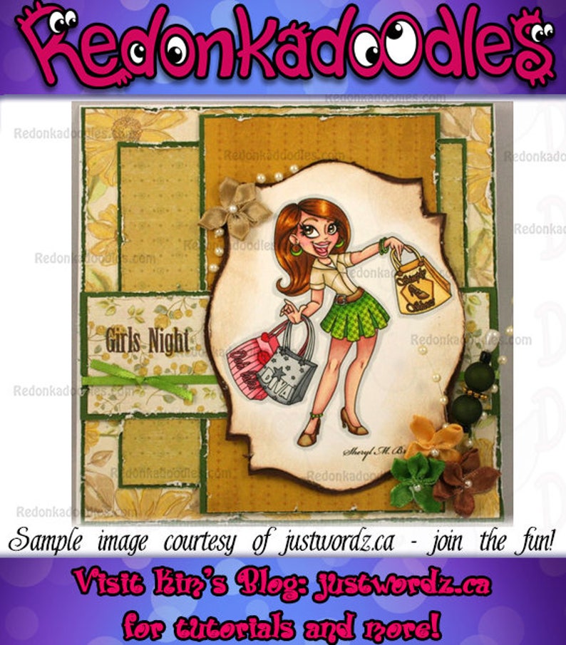 Puede incluir: Una ilustraci&oacute;n digital de una mujer con cabello casta&ntilde;o y una falda verde que sostiene bolsas de compras. Las bolsas tienen las palabras "Girls Night" y "Diva" en ellas. El fondo es un collage de patrones florales y texturas.