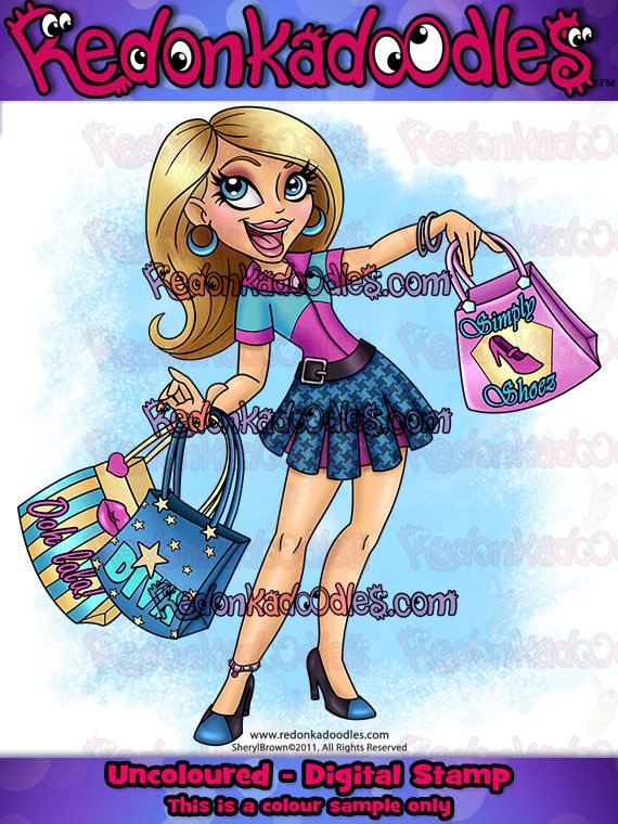 Digital Stamp - Shopping Diva Girly, Uncoloured Digital Image for Handmade Cards