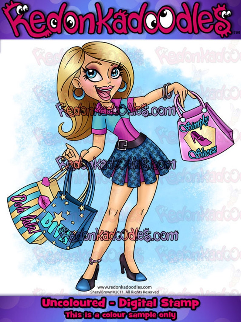 Puede incluir: Una ilustraci&oacute;n de dibujos animados de una mujer con cabello rubio y ojos azules sosteniendo bolsas de compras. Las bolsas son azules, rosas y blancas con estrellas y las palabras "Ooh la la!" y "Simply Shoes".
