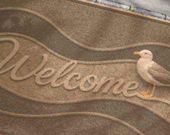 Felpudo de bienvenida con diseño de gaviota, felpudo de entrada de fibra de coco con estampado costero para casas de playa.