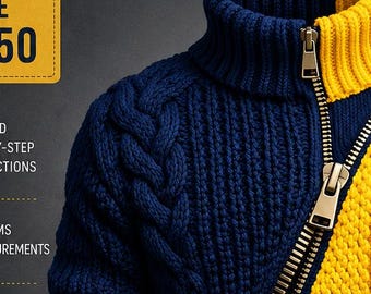 Diagonal Zipper Sweater Knitting Pattern, Two Tone Cable Knit Pullover (PDF Download)