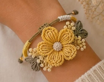Crochet Flower Bracelet Pattern, Floral Jewelry Tutorial, Friendship Bracelet (PDF)