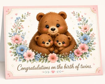 Bear Family Twins Birth Congratulations Card  (Digital Download)