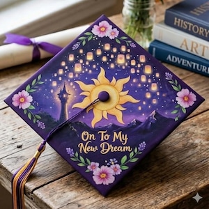 Personalized Tangled Graduation Cap Topper Class of 2026, Rapunzel On To My New Dream Disney Grad Decor, Floating Lanterns Sun Design