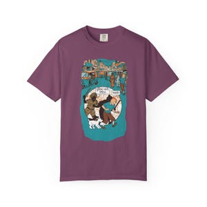 Adventure of Tintin Indian Street Market Scene T-shirt | Vintage Illustration, Dog Walking, Urban Crowd image 9