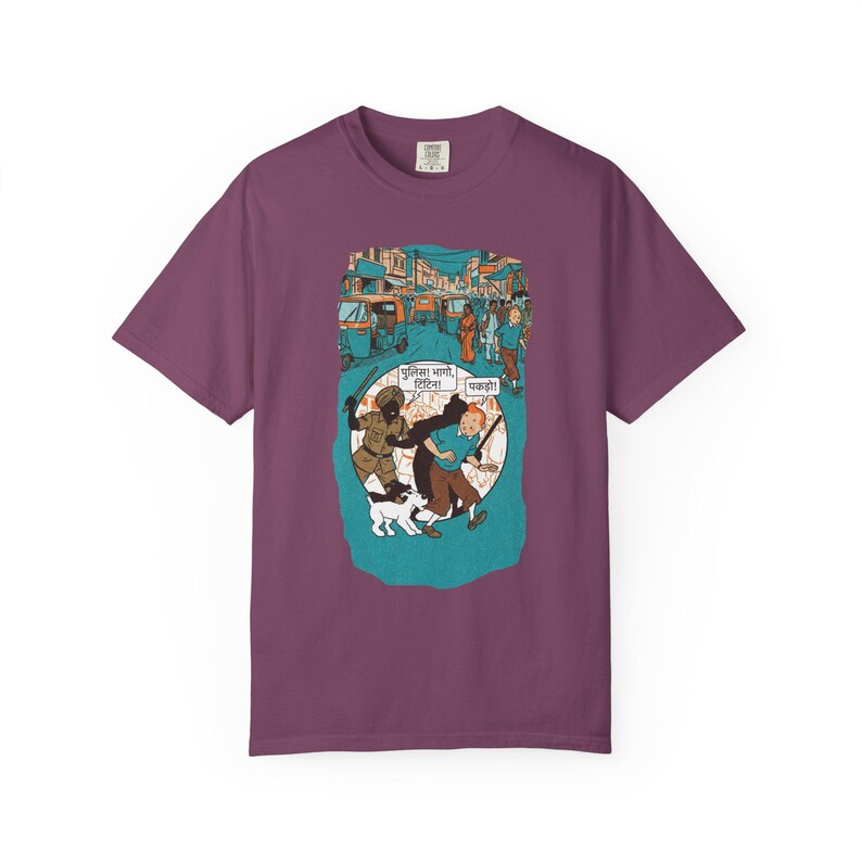 Adventure of Tintin Indian Street Market Scene T-shirt | Vintage Illustration, Dog Walking, Urban Crowd image 9