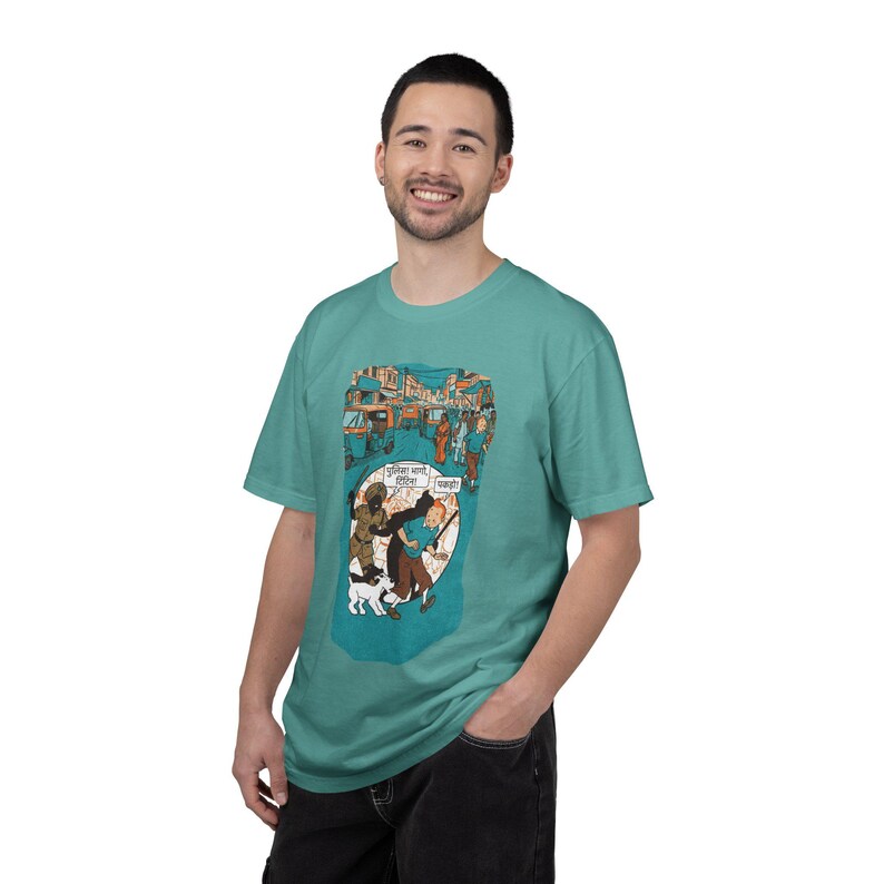 Adventure of Tintin Indian Street Market Scene T-shirt | Vintage Illustration, Dog Walking, Urban Crowd image 17
