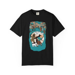 Adventure of Tintin Indian Street Market Scene T-shirt | Vintage Illustration, Dog Walking, Urban Crowd image 7