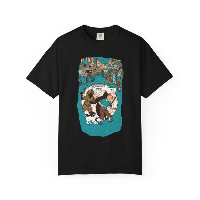 Adventure of Tintin Indian Street Market Scene T-shirt | Vintage Illustration, Dog Walking, Urban Crowd image 7