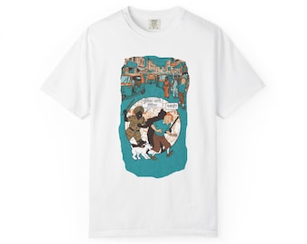 Tintins äventyr Indisk gatumarknadsscen T-shirt | Vintageillustration, hundpromenader, urban folkmassa