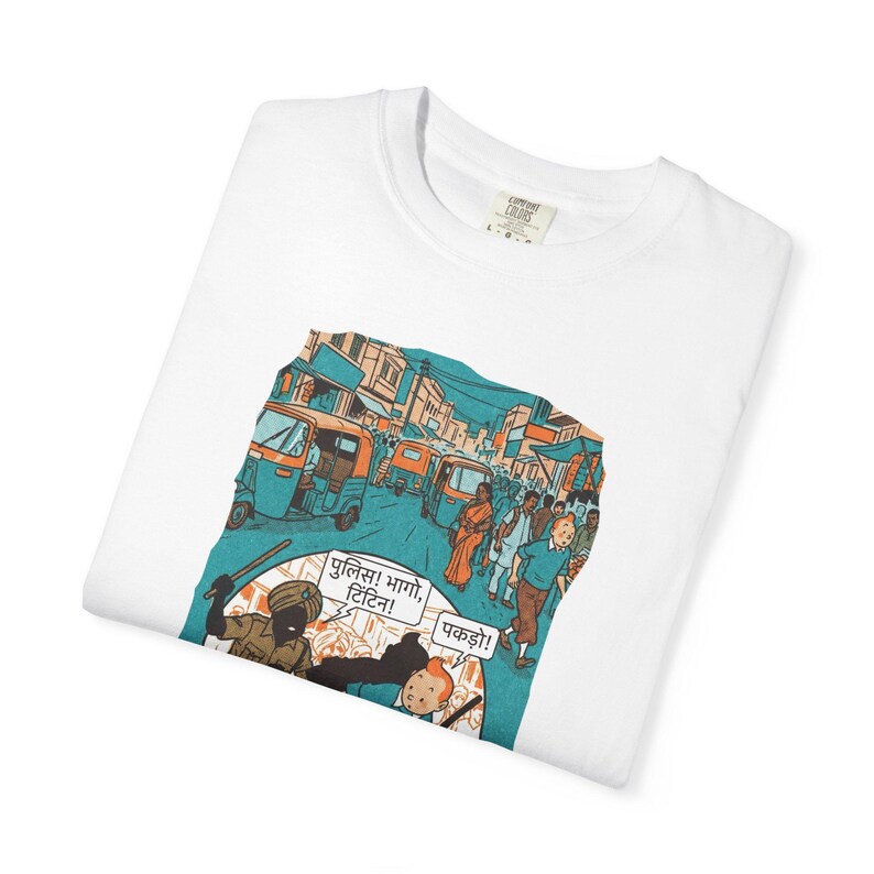 Adventure of Tintin Indian Street Market Scene T-shirt | Vintage Illustration, Dog Walking, Urban Crowd image 11