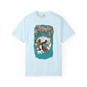Adventure of Tintin Indian Street Market Scene T-shirt | Vintage Illustration, Dog Walking, Urban Crowd image 4