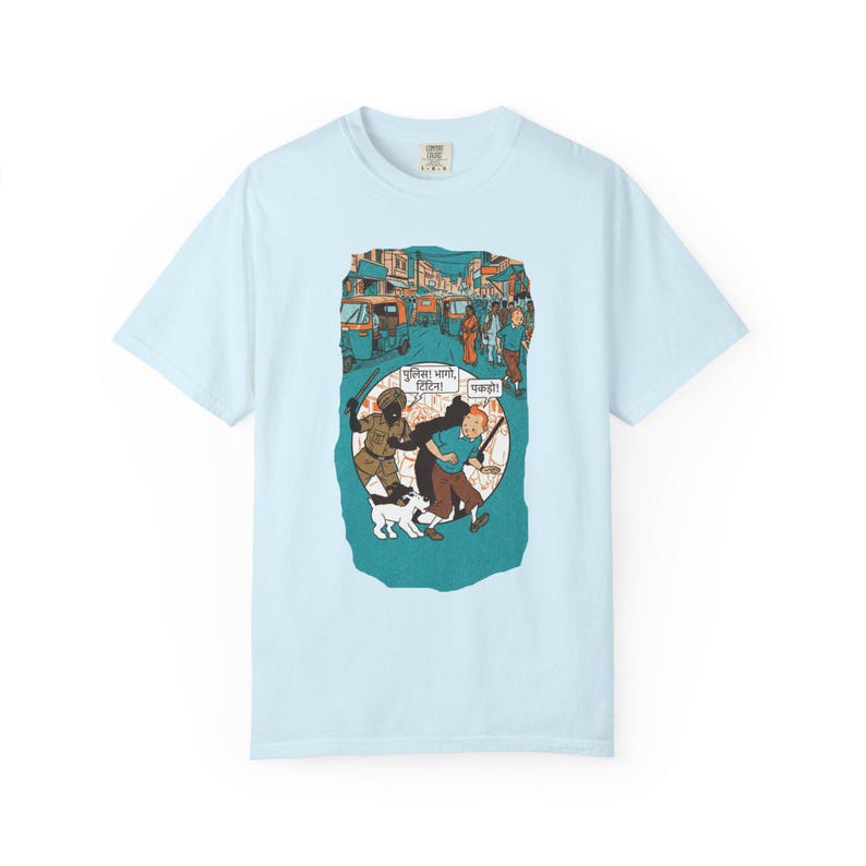 Adventure of Tintin Indian Street Market Scene T-shirt | Vintage Illustration, Dog Walking, Urban Crowd image 4