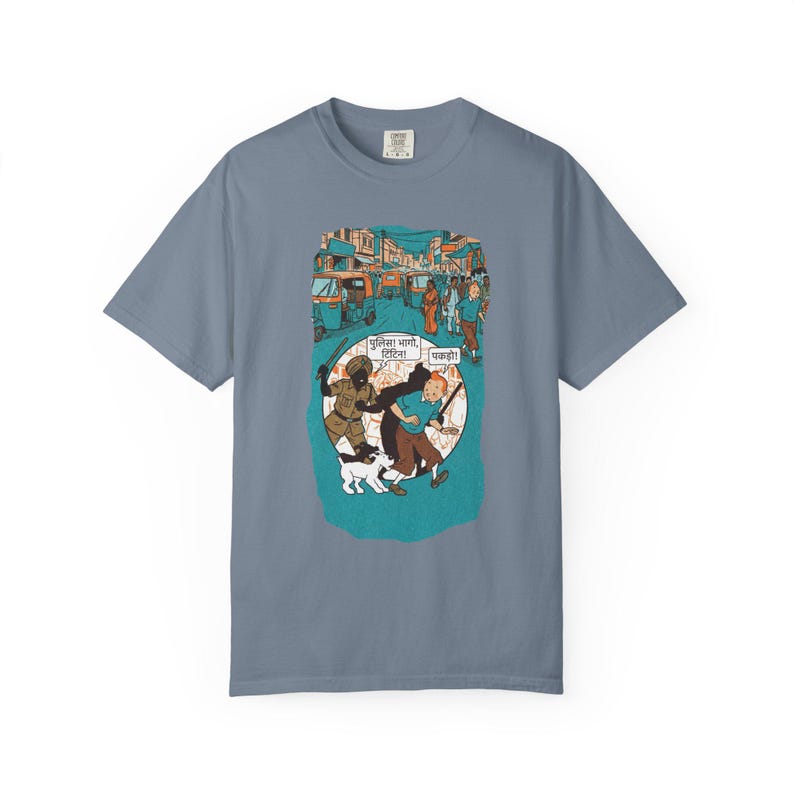 Adventure of Tintin Indian Street Market Scene T-shirt | Vintage Illustration, Dog Walking, Urban Crowd image 5