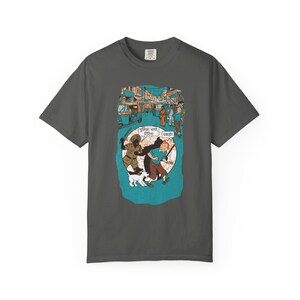 Adventure of Tintin Indian Street Market Scene T-shirt | Vintage Illustration, Dog Walking, Urban Crowd image 2