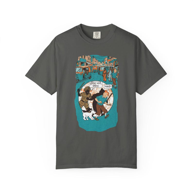 Adventure of Tintin Indian Street Market Scene T-shirt | Vintage Illustration, Dog Walking, Urban Crowd image 2