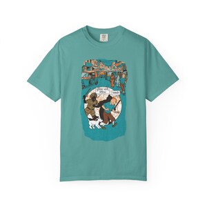 Adventure of Tintin Indian Street Market Scene T-shirt | Vintage Illustration, Dog Walking, Urban Crowd image 3