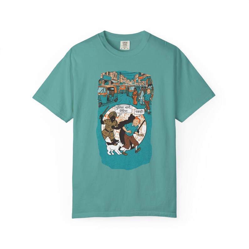Adventure of Tintin Indian Street Market Scene T-shirt | Vintage Illustration, Dog Walking, Urban Crowd image 3