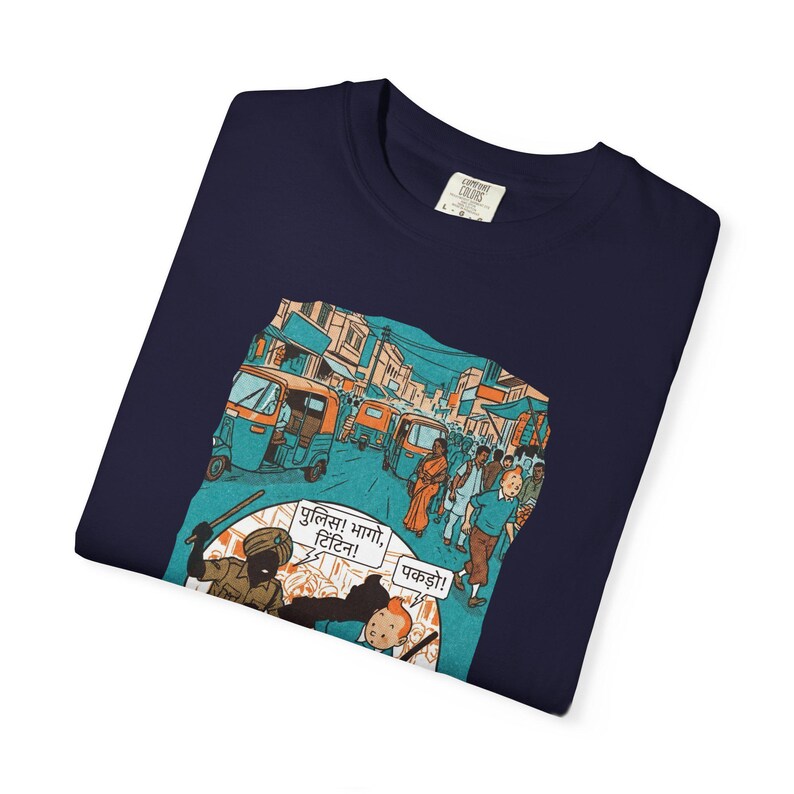 Adventure of Tintin Indian Street Market Scene T-shirt | Vintage Illustration, Dog Walking, Urban Crowd image 13