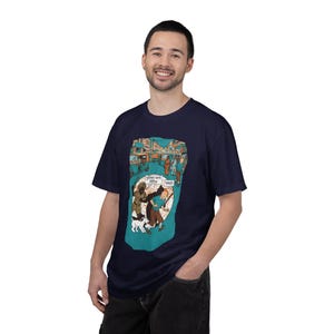 Adventure of Tintin Indian Street Market Scene T-shirt | Vintage Illustration, Dog Walking, Urban Crowd image 15