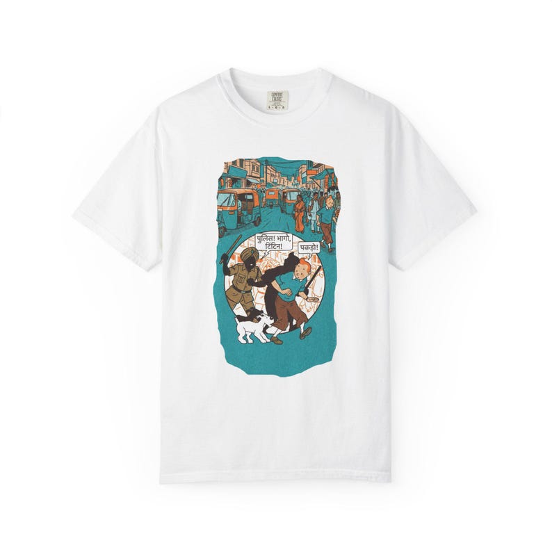 Adventure of Tintin Indian Street Market Scene T-shirt | Vintage Illustration, Dog Walking, Urban Crowd image 1