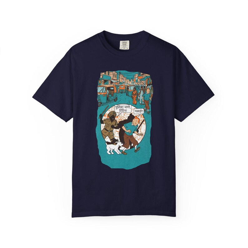 Adventure of Tintin Indian Street Market Scene T-shirt | Vintage Illustration, Dog Walking, Urban Crowd image 6