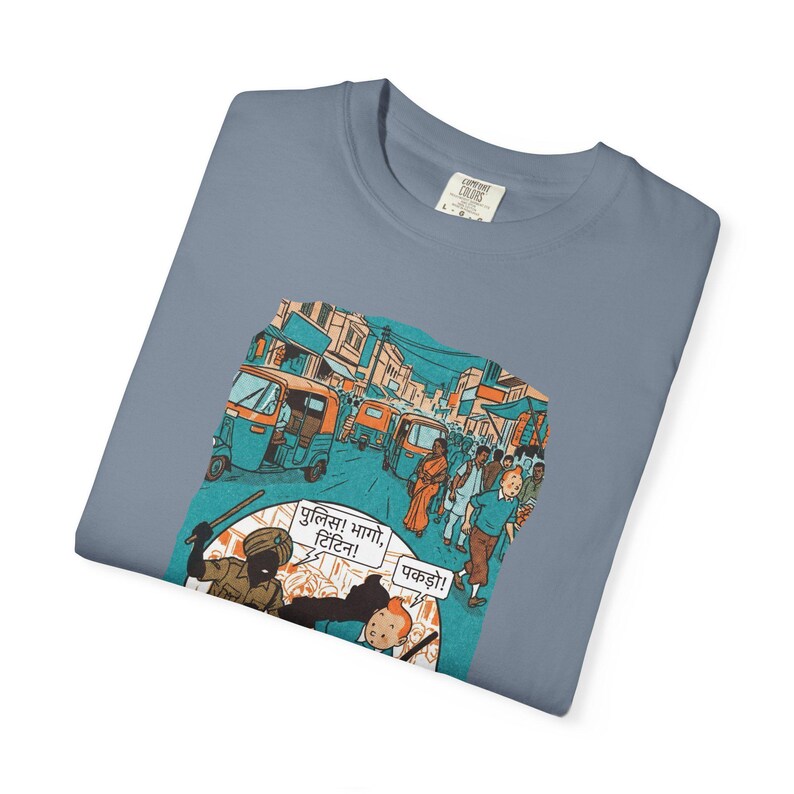 Adventure of Tintin Indian Street Market Scene T-shirt | Vintage Illustration, Dog Walking, Urban Crowd image 14
