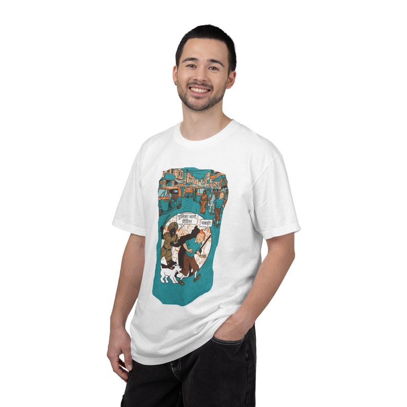 Adventure of Tintin Indian Street Market Scene T-shirt | Vintage Illustration, Dog Walking, Urban Crowd image 18