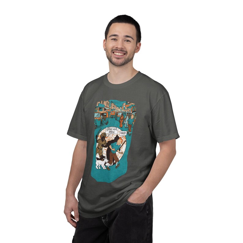 Adventure of Tintin Indian Street Market Scene T-shirt | Vintage Illustration, Dog Walking, Urban Crowd image 16
