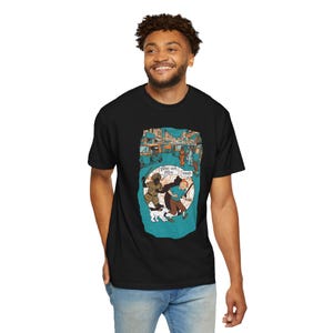 Adventure of Tintin Indian Street Market Scene T-shirt | Vintage Illustration, Dog Walking, Urban Crowd image 19