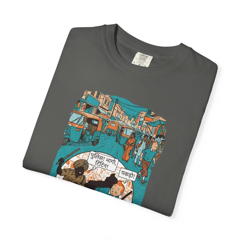 Adventure of Tintin Indian Street Market Scene T-shirt | Vintage Illustration, Dog Walking, Urban Crowd image 12