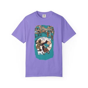 Adventure of Tintin Indian Street Market Scene T-shirt | Vintage Illustration, Dog Walking, Urban Crowd image 8
