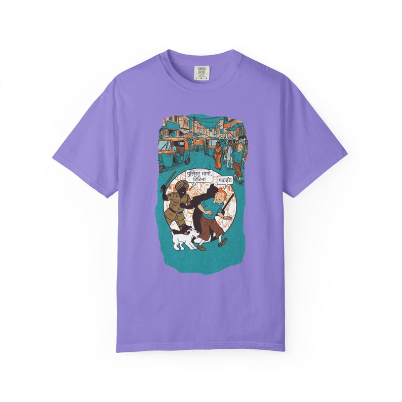 Adventure of Tintin Indian Street Market Scene T-shirt | Vintage Illustration, Dog Walking, Urban Crowd image 8