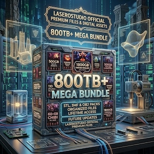 Könnte beinhalten: Werbebild für ein digitales Kunst-Mega-Bundle mit dem Text "LASEROSTUDIO OFFICIAL PREMIUM FILES & DIGITAL ASSETS" und "800TB+ MEGA BUNDLE". Das Bild zeigt verschiedene digitale Assets, darunter STL-, 3MF- und OBJ-Pakete, organisierte Dateien und zukünftige Updates.