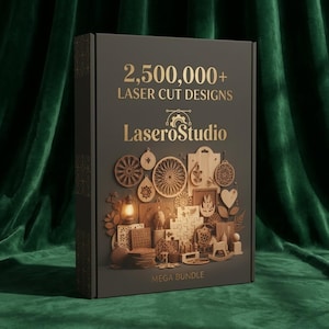 May include: A dark gray box with gold lettering that reads "2,500,000+ LASER CUT DESIGNS" and "LaseroStudio". The box features various laser-cut wooden designs, including ornaments, a puzzle, and a rocking horse. The words "MEGA BUNDLE" are at the bottom.