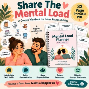 Op de afbeelding: Een 32-pagina tellend printbaar PDF-werkboek getiteld Share The Mental Load, met een spiraalgebonden planner voor koppels. De omslag toont een koppel, met tekst waaronder The Mental Load Planner For Couples, Less Overwhelm, More Teamwork, A Happier Home Together.