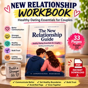 Peut inclure: Un cahier d'exercices intitulé The New Relationship Guide avec une illustration de couverture montrant un couple devant un coucher de soleil. L'ensemble inclut une tasse blanche avec le texte Build a Stronger Us et une icône PDF de 33 pages.