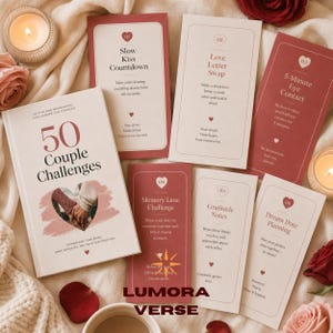 May include: A collection of cards and a book titled "50 Couple Challenges" with various prompts for couples. The cards are white with red accents and feature prompts like "Slow Kiss Countdown" and "Love Letter Swap."