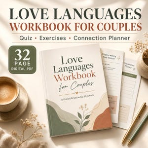 Op de afbeelding: Een digitaal PDF-werkboek van 32 pagina's getiteld Love Languages Workbook for Couples, met een quiz, oefeningen en een verbindingsplanner. De omslag toont een bloemenillustratie met groene en terracotta abstracte vormen.